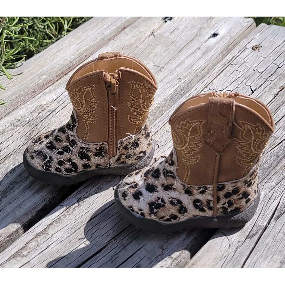 Roper Infant Baby Girls Glitter Brown/Tan Leopard Poppet Boots Size 2-Round Toe